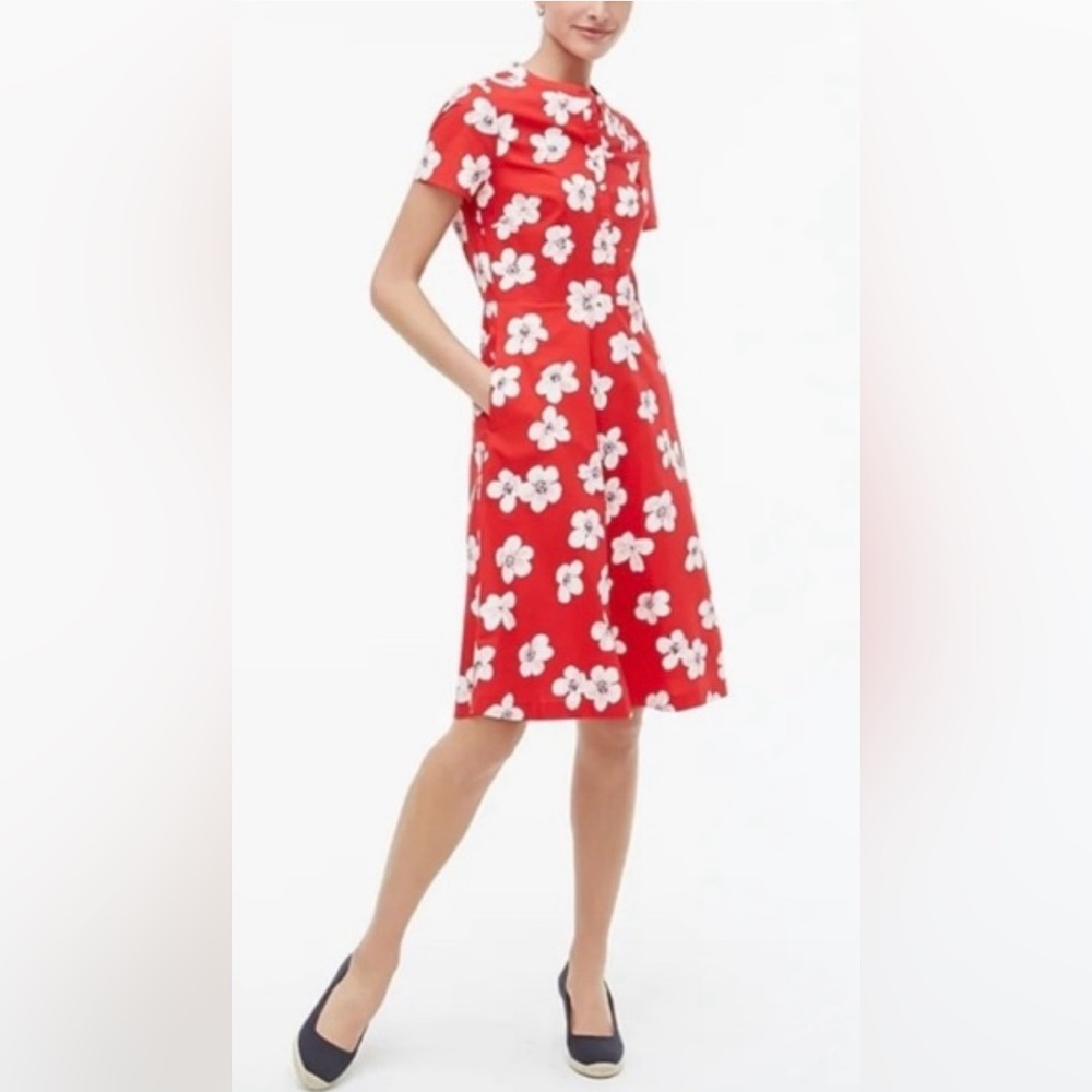 J. Crew Short Sleeve Button-Front Shirt Dress in Red Poppy Print ZB3